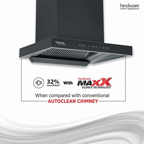 Hindware Smart Appliances Atlanta 60 cm 1350 m³/hr Filterless Auto-Clean Kitchen Chimney With MaxX Silence Technology, Motion Sensor (32% Less Noise, Touch Control, Black) - Image 2