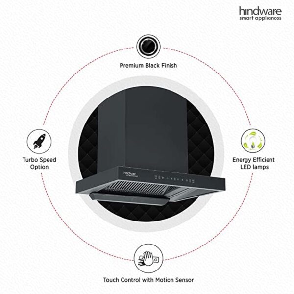 Hindware Smart Appliances Atlanta 60 cm 1350 m³/hr Filterless Auto-Clean Kitchen Chimney With MaxX Silence Technology, Motion Sensor (32% Less Noise, Touch Control, Black) - Image 3