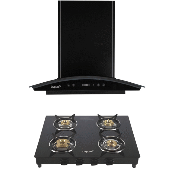 Livpure Flare BLDC Auto Clean Kitchen Chimney + Nebula 4 Burner Toughened Glass Gas Stove Combo | Lifetime Motor Warranty | Free Installation | Best Seller