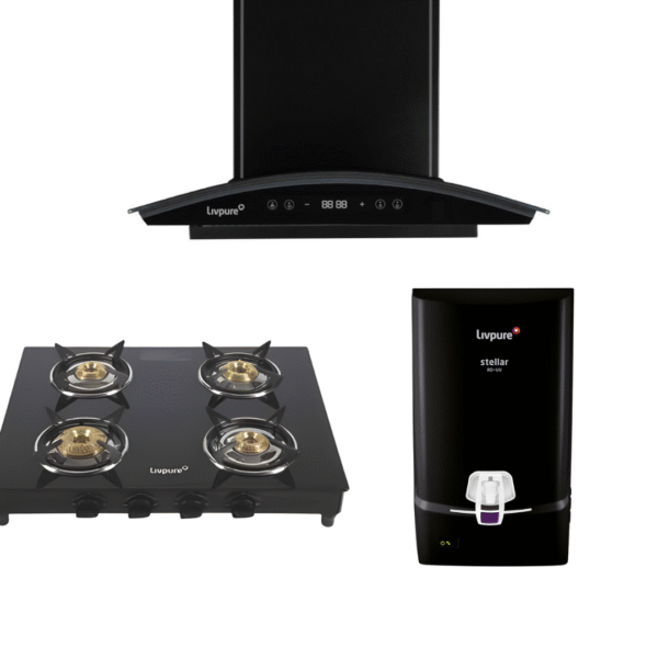 Livpure Flare BLDC Auto Clean Chimney + Nebula 4 Burner Glass Cooktop + Livpure Stellar RO+UV Water Purifier Combo | Free Installation* | Lifetime Warranty on Chimney Motor | Best Seller