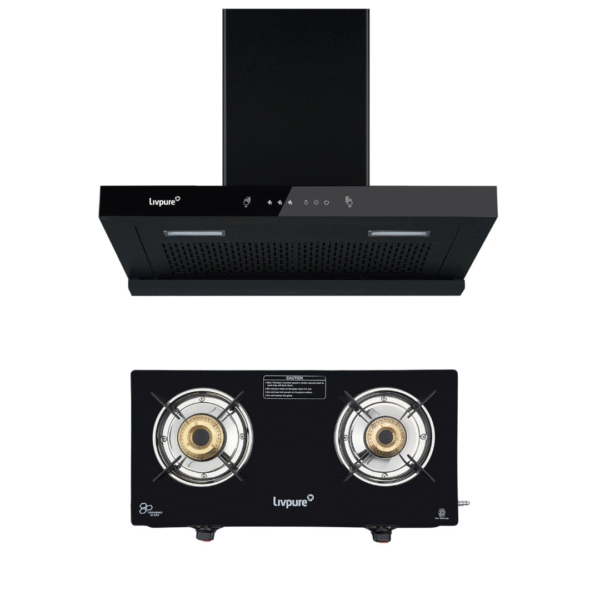 Livpure Ether Kitchen Chimney + Luna 2 Burner Glass Cooktop Combo – Premium Suction | Elegant Design | Best Price at Easyonpocket
